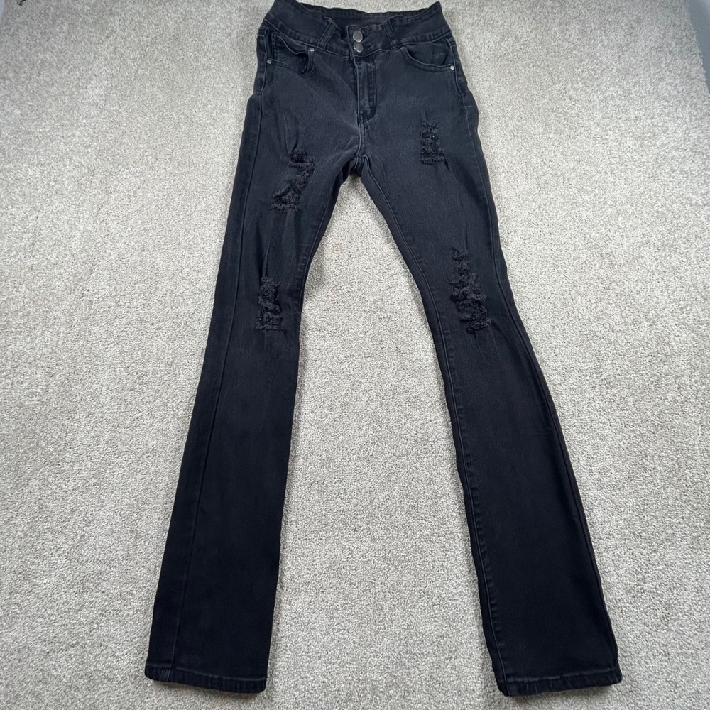 T&Y Fashion Womens Distressed Flare Jeans Black High Rise Ripped Size 14